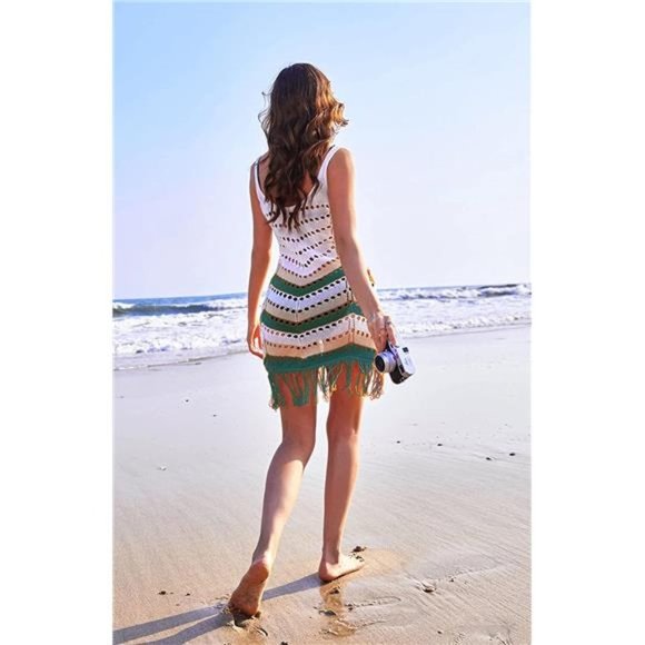 WOMEN'S Crochet Cover Up Sexy Green Beige Stripe - Picture 4 of 6
